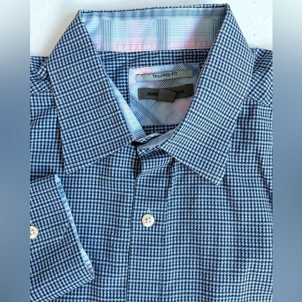 Johnston & Murphy Men's XXL Tailored Fit Blue Gray Check Long Sleeve Button‎ Up